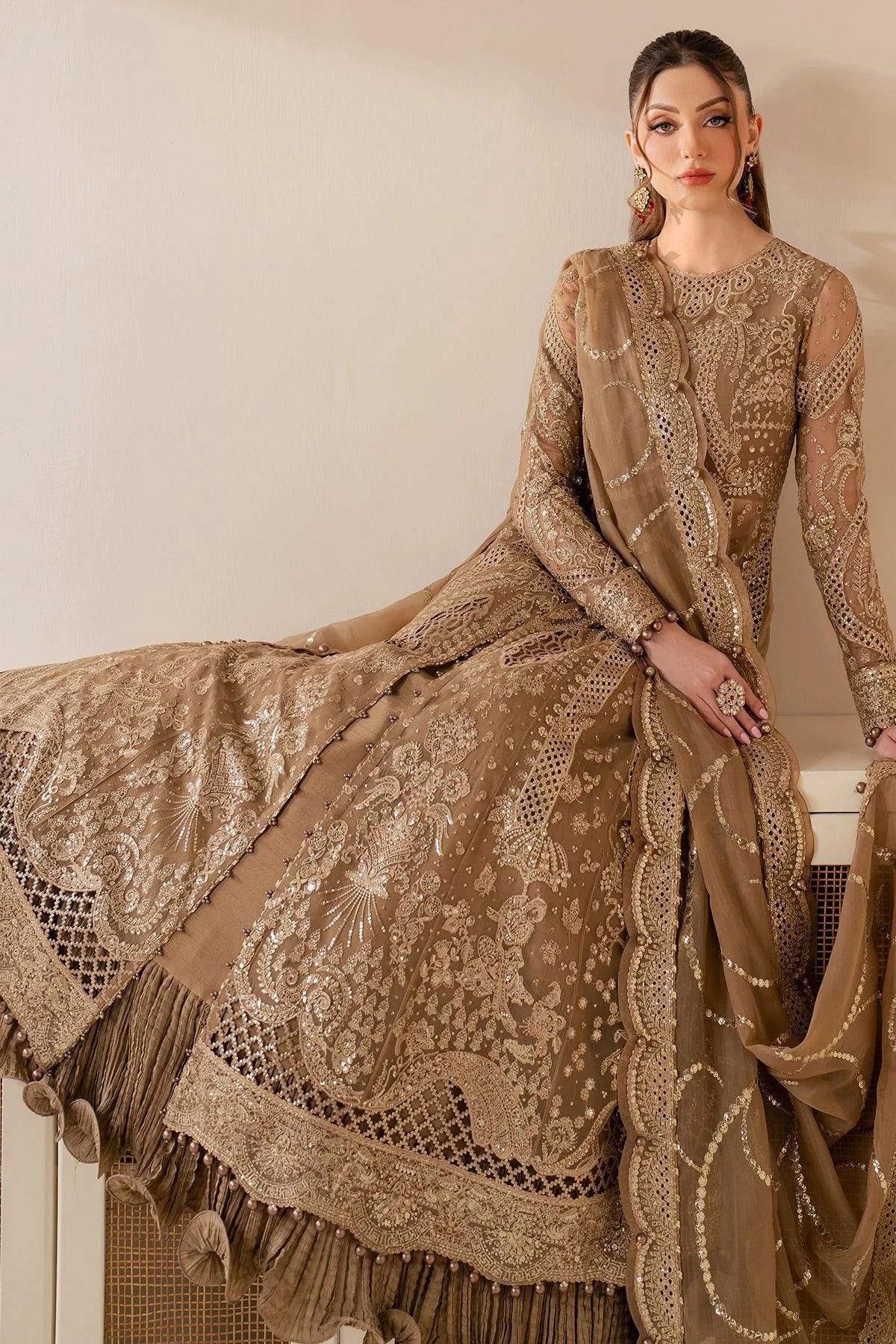 Make a statement in WF'25-04: a luxe chiffon dress with intricate embroidery, organza dupatta & rawsilk bottom. Ideal for formal & festive occasions.