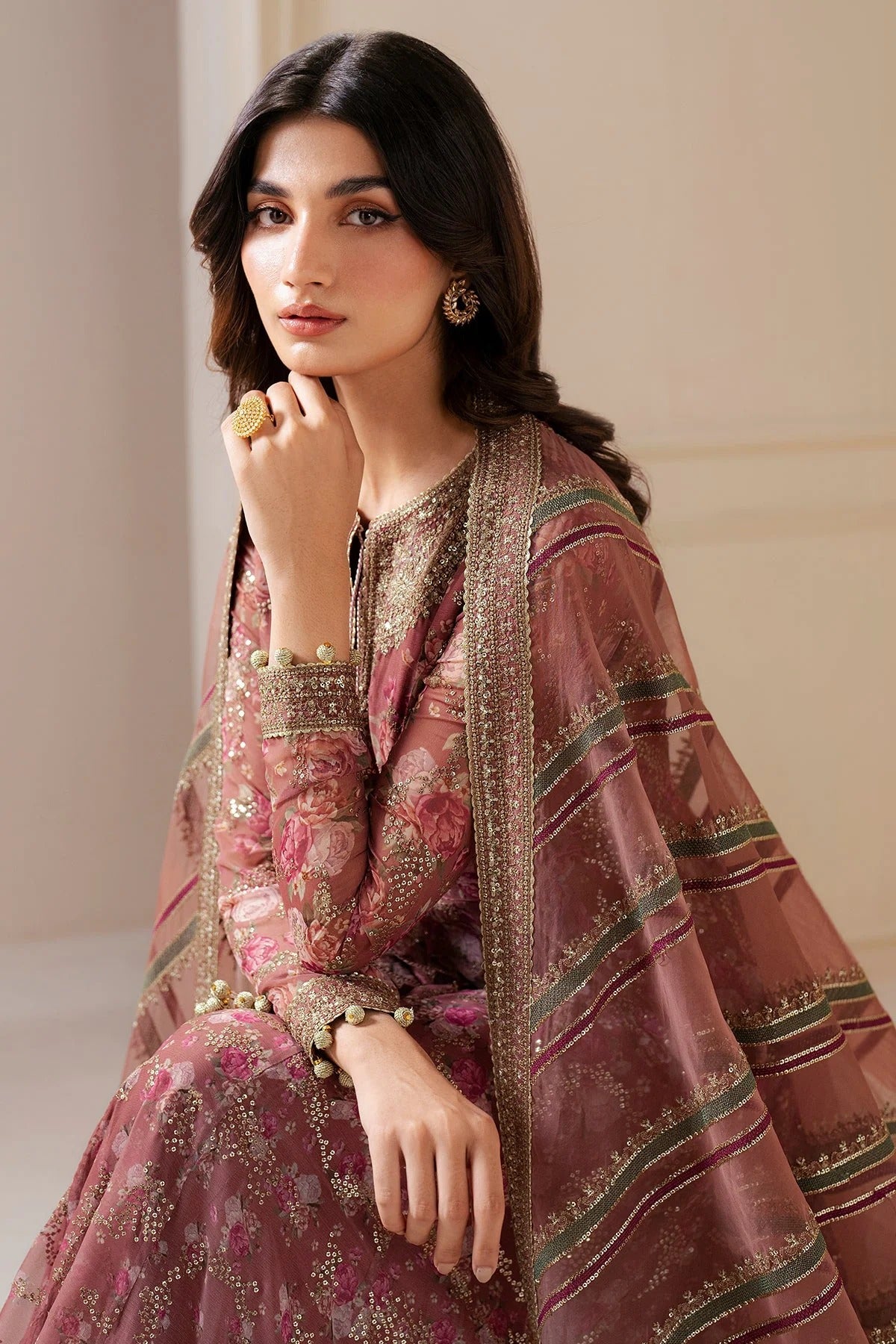 UC-3064 features embroidered chiffon panels and yoke, organza dupatta, and rawsilk bottom—perfect for graceful, high-end festive and formal occasions.