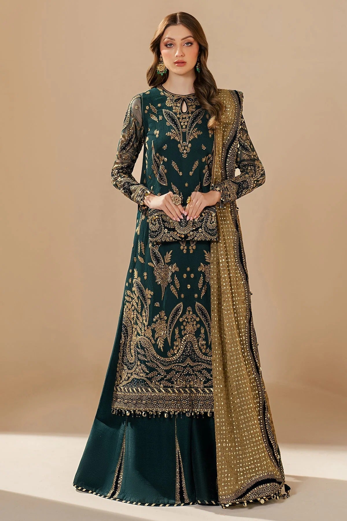 WF'25-06 blends chiffon embroidery with velvet appliqué on front, back, and sleeves—paired with organza dupatta and rawsilk bottom for a luxe finish.