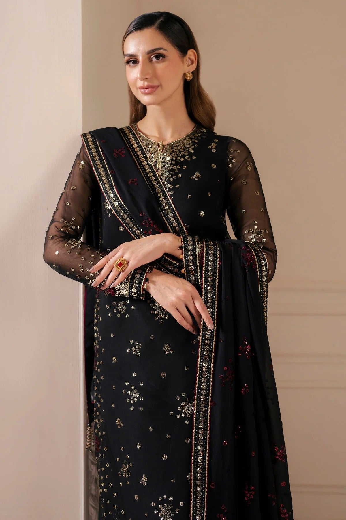 Shop Jazmin UC-3070 – a stunning embroidered chiffon suit with rawsilk bottom. Perfect for formal, party & bridal wear. Now shipping to UK, USA & Canada!