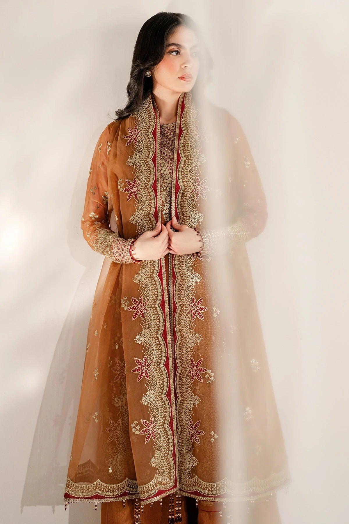 Chiffon and rawsilk elegance with intricate embroidery and organza dupatta. Ideal for formal wear and events. Make a bold style statement in UC-3077.