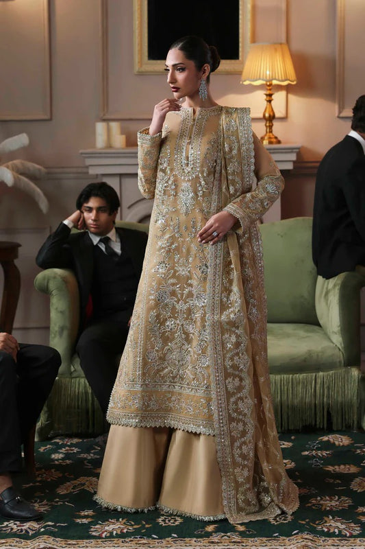 Elegant organza dress featuring embroidered panels, borders, sleeves & dupatta, paired with silk inner and trouser—crafted for timeless luxury style.