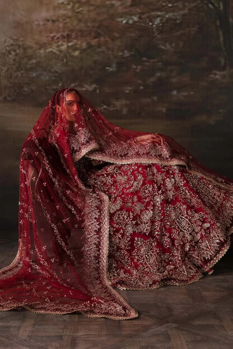 Elegant net suit featuring hand-embellished panels, organza borders, embroidered dupatta, and raw silk trouser — perfect for festive elegance.