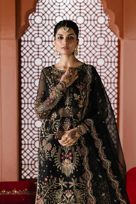 Elegant organza dress with hand-embellished front, sleeves, dupatta, raw silk trouser & inner—crafted for timeless luxury and graceful style.