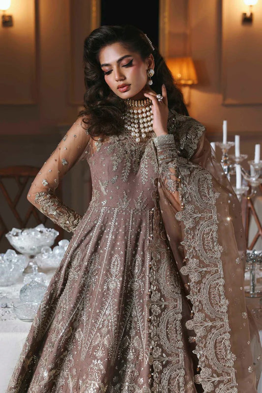 Stylish net suit with embroidered panels, body, blouse, sleeves & organza dupatta with borders, paired with silk inner—crafted for timeless elegance.