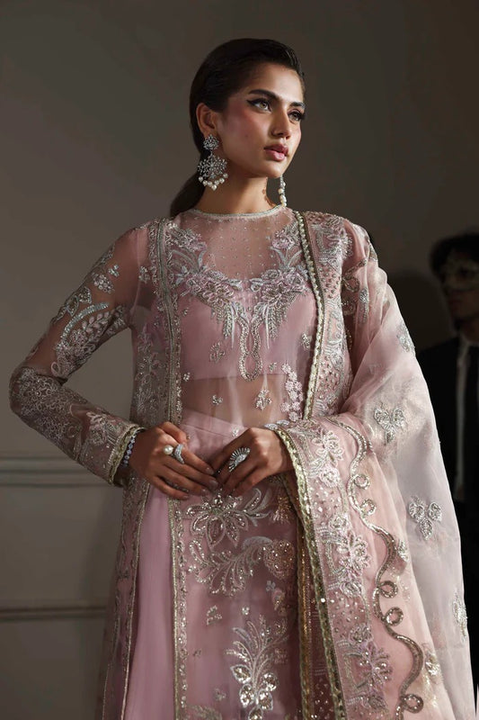 Elegant organza dress with embroidered panels, back, sleeves & dupatta, paired with silk inner and trouser—crafted for timeless charm and style.