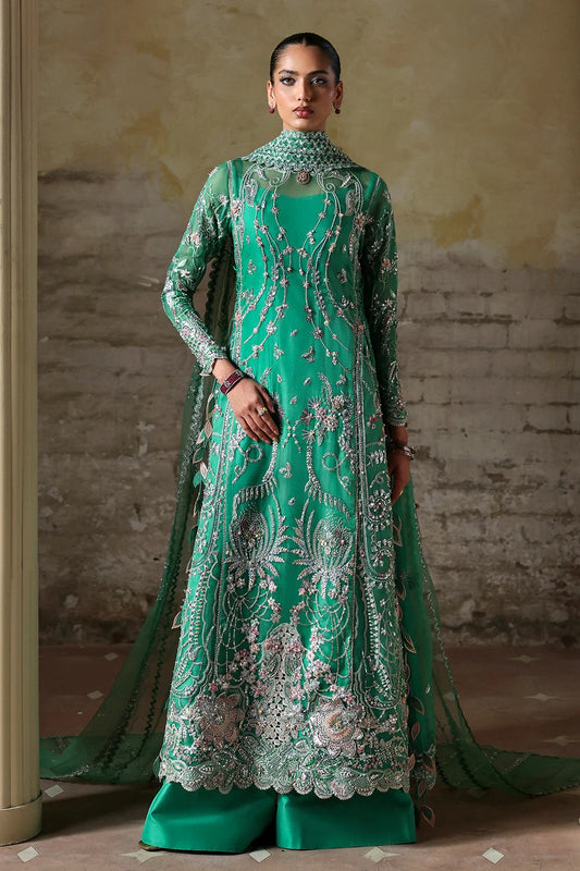 Shop this elegant Mazari Green unstitched suit with embroidered organza panels, hand embellishments, 3D floral details, silk trouser & net dupatta.