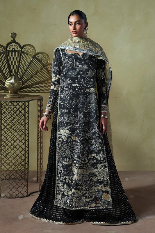 Stylish black silk suit featuring hand-embellished panels, embroidered dupatta, and chiffon crushed trousers. Perfect choice for festive and formal occasions.
