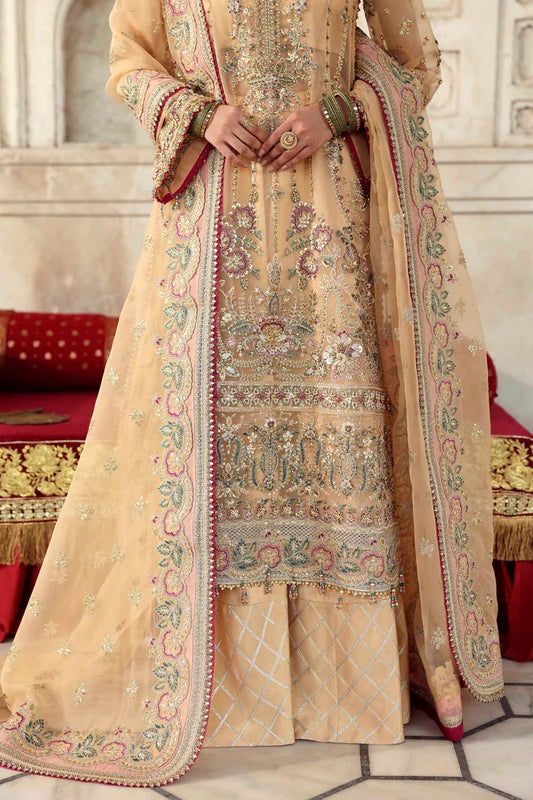 A luxurious organza outfit with hand-embellished front, sleeves, and borders. Paired with an embroidered dupatta and raw silk trouser for a timeless look.