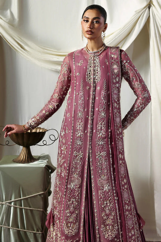 Stylish mauve silk gown featuring embroidered organza panels, embellished dupatta, and crushed inner gown. A graceful ensemble perfect for weddings & festive wear.