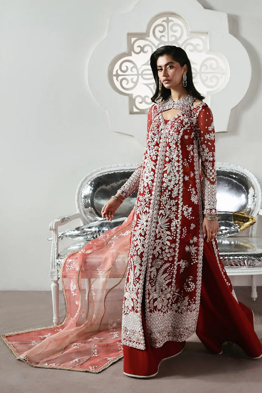 Stunning Crimson Red suit featuring embroidered organza panels, hand embellishments, silk trouser, and printed organza dupatta with elegant details.