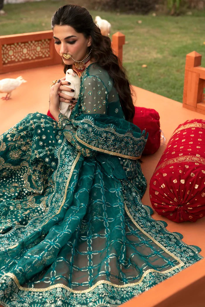 Elegant organza suit with embellished panels, blouse, sleeves & dupatta, paired with inner—crafted for timeless beauty, sophistication & luxury.
