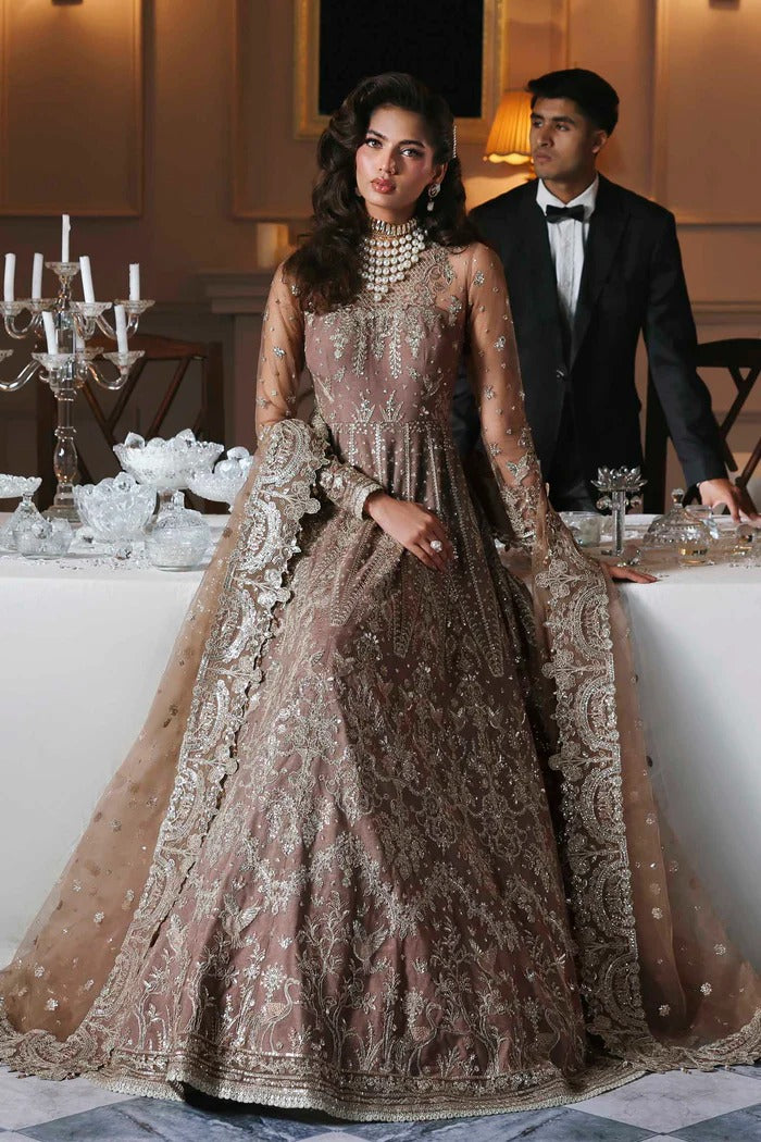 Stylish net suit with embroidered panels, body, blouse, sleeves & organza dupatta with borders, paired with silk inner—crafted for timeless elegance.