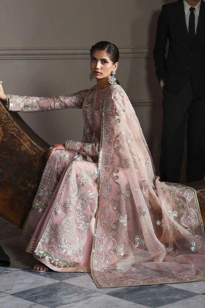 Elegant organza dress with embroidered panels, back, sleeves & dupatta, paired with silk inner and trouser—crafted for timeless charm and style.