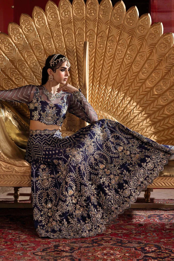 Exquisite net & organza outfit with embellished panels, blouse, sleeves, dupatta, belt & borders—crafted for timeless elegance and luxury style.