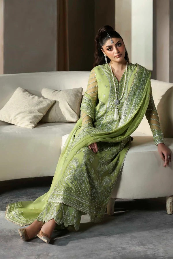 A graceful chiffon dress with intricate embroidery on front, back, and dupatta. Finished with organza borders and a raw silk trouser for a refined look.