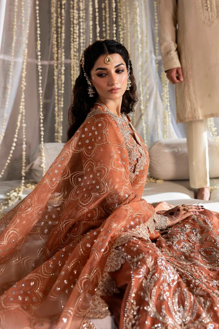 Exquisite organza suit with hand-embellished blouse, panels, sleeves, dupatta & raw silk trouser—crafted for a refined, elegant, and timeless look.