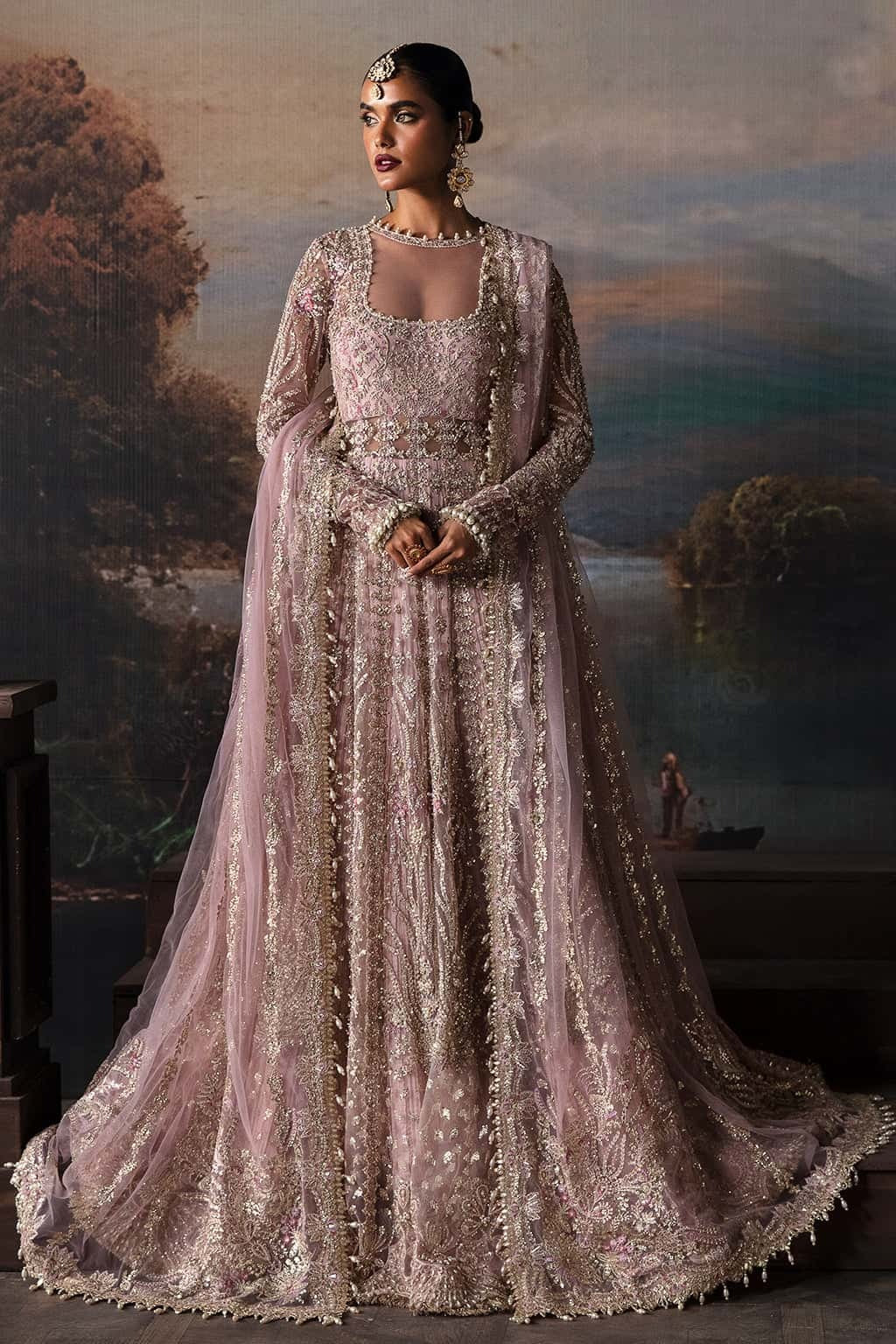 Luxurious net suit with embroidered panels, embellished sleeves, organza dupatta motifs, and raw silk trouser — a perfect festive ensemble.