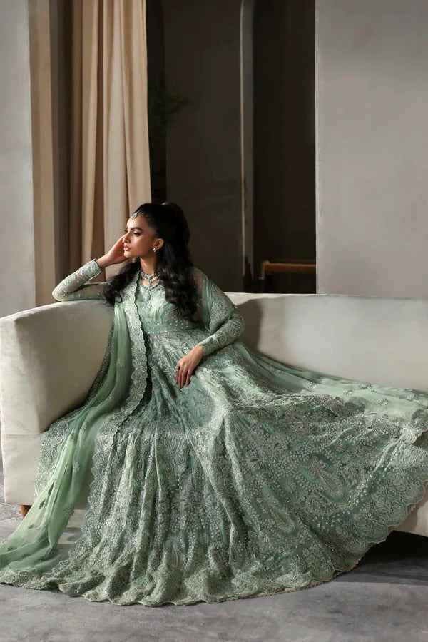 Elegant chiffon outfit featuring embroidered panels, sleeves, and dupatta with organza borders, paired with a luxurious raw silk inner for timeless grace.