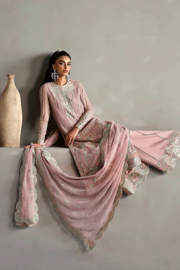 Beautiful chiffon dress with embroidered front, back, and sleeves, paired with organza borders, chiffon dupatta, and raw silk trouser for a refined look.