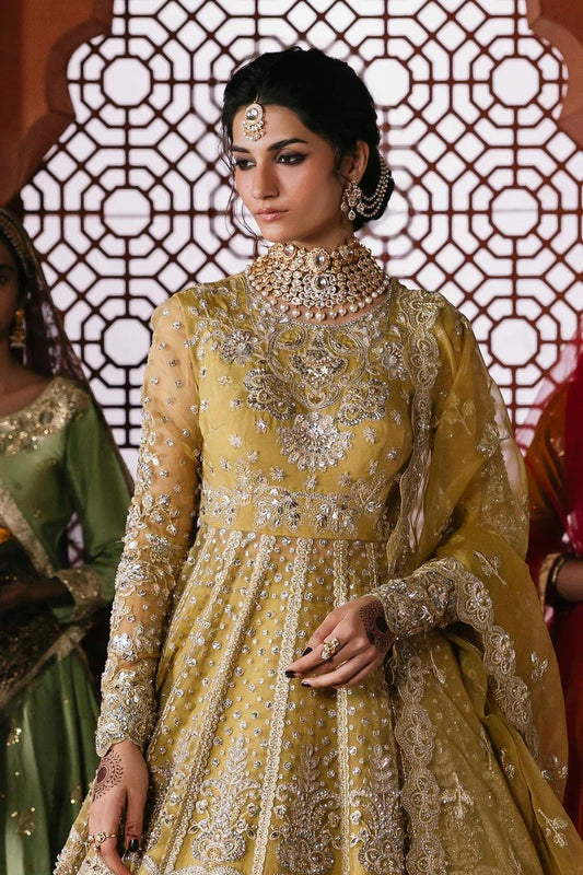 Stunning organza lehenga with embellished panels, blouse, sleeves, dupatta & borders, paired with raw silk inner—crafted for elegance and luxury.