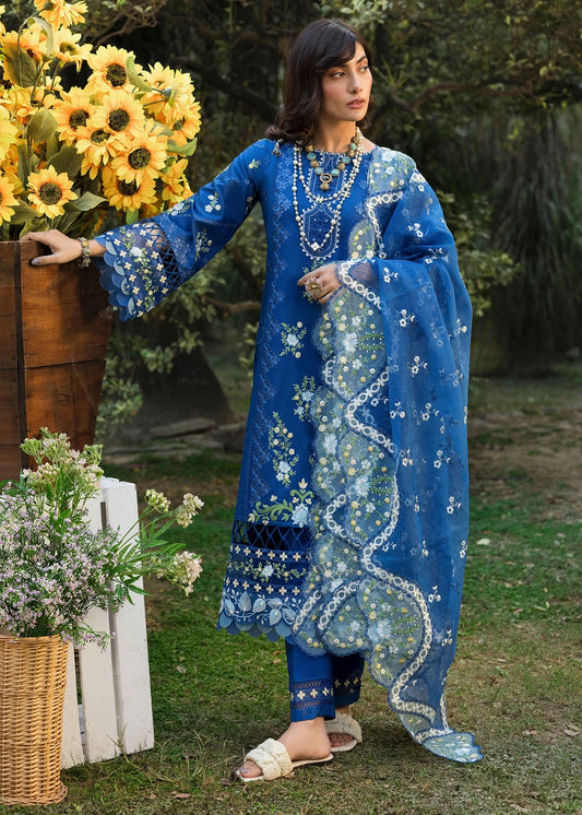 Step into elegance with this blue embroidered lawn suit featuring chikan-kari panels, hand-work neckline, net dupatta, and cotton trouser.