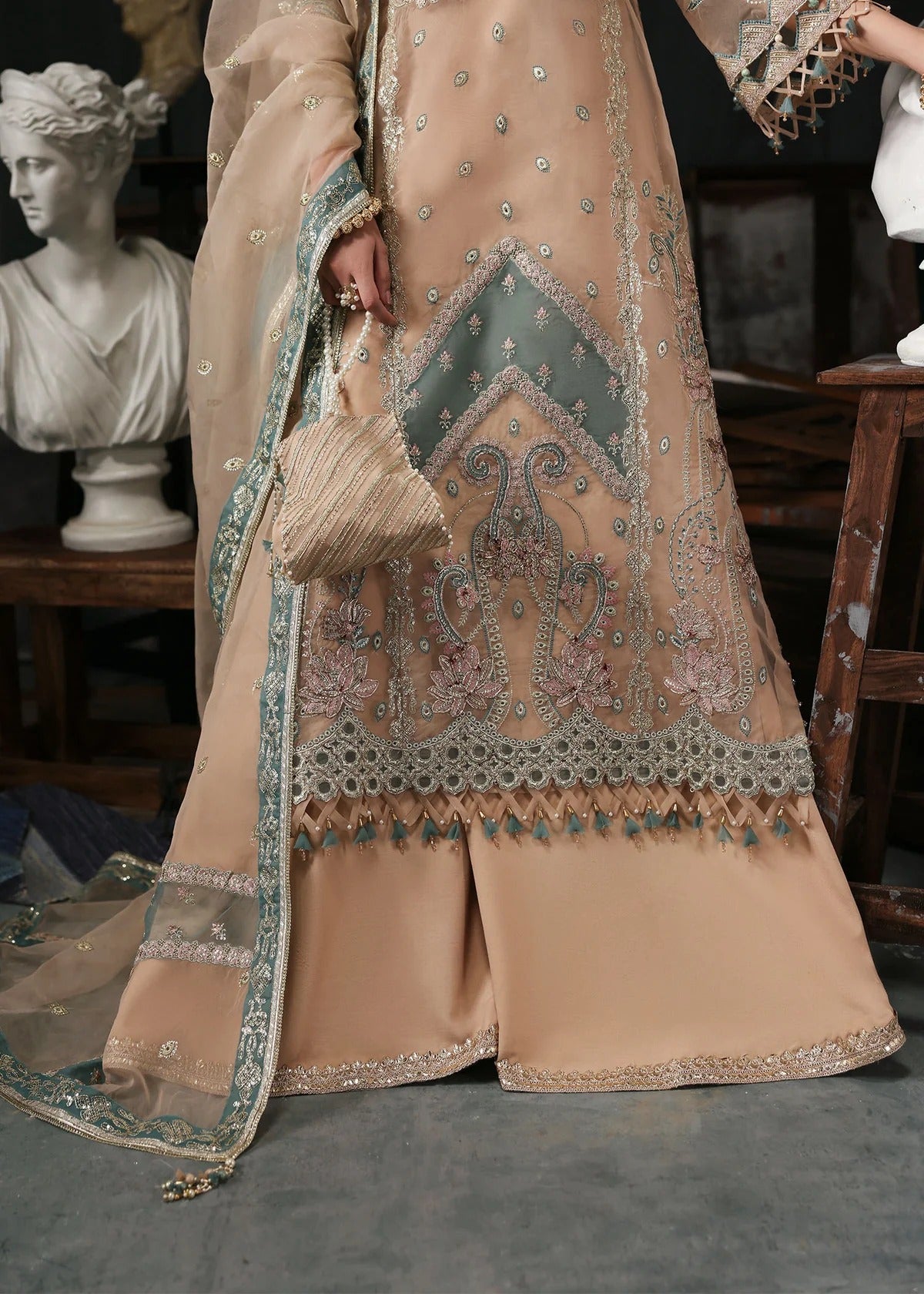 Elegant pale pink organza suit with dori work panels, applique neckline, embroidered dupatta, and raw silk trouser — perfect for festive occasions.
