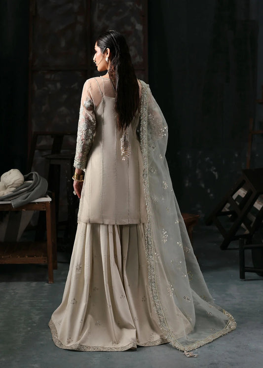 Elegant dusty white organza dress with embroidered panels, dupatta & raw silk trouser. Available stitched/unstitch with fast local & international delivery.