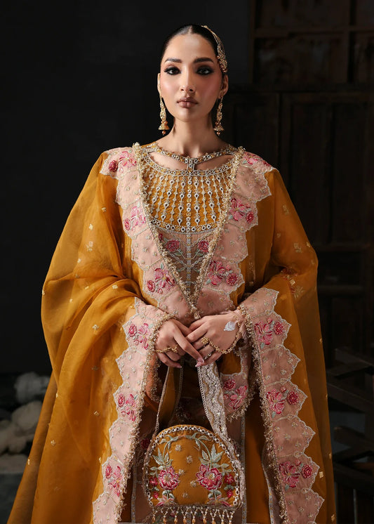 Chic mustard organza suit with applique front, embroidered neckline, dupatta with 4-side border, and raw silk trouser — perfect for festive wear.