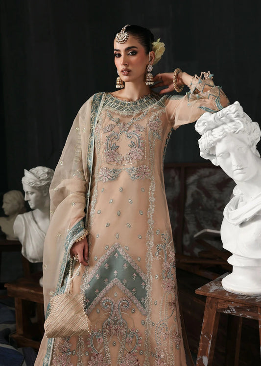 Elegant pale pink organza suit with dori work panels, applique neckline, embroidered dupatta, and raw silk trouser — perfect for festive occasions.