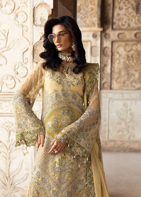 Graceful chiffon suit featuring luxury hand embellishment, cutwork organza borders, diamante & mukesh dupatta, paired with raw silk trouser.