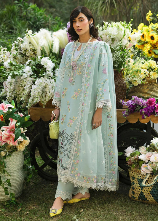Elevate your style with this sky blue embroidered lawn suit featuring hand-work neckline, chikan-kari sleeves, net dupatta, and cotton trouser.