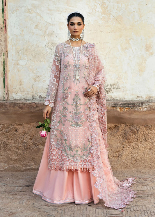 Luxury chiffon suit with 3D embellished front, organza cutwork borders, embroidered chiffon dupatta, and raw silk trouser — perfect for weddings & parties.