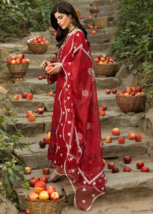 Stun in this maroon embroidered lawn suit with hand-work neckline, chikan-kari panels, 3D flowers, monar dupatta, and cotton trouser.