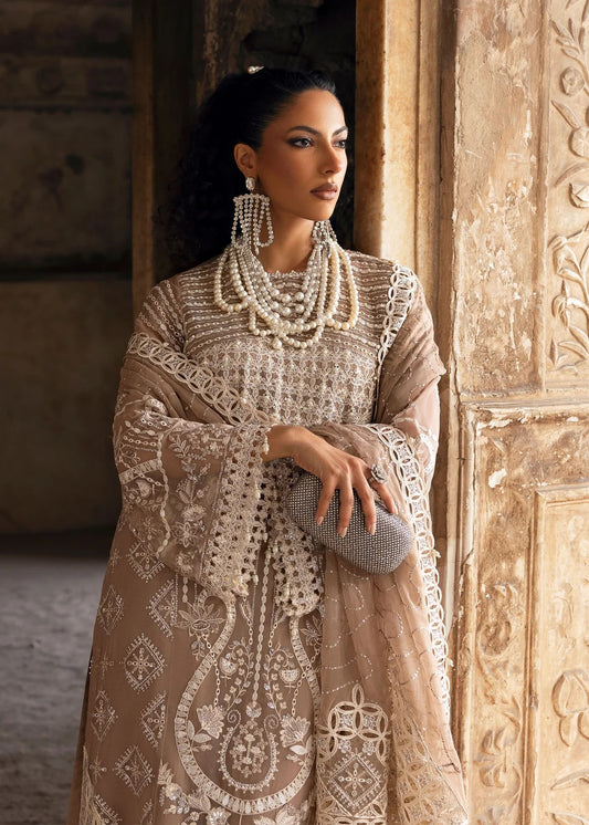 Exquisite chiffon suit with luxury hand embellishment, cutwork organza borders, embroidered dupatta, and raw silk trouser — ideal for weddings & parties.