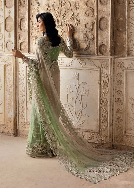 Stunning chiffon saree with gradient embroidery, diamante detailing, cutwork organza blouse with 3D flowers, and raw silk petticoat — perfect for weddings.