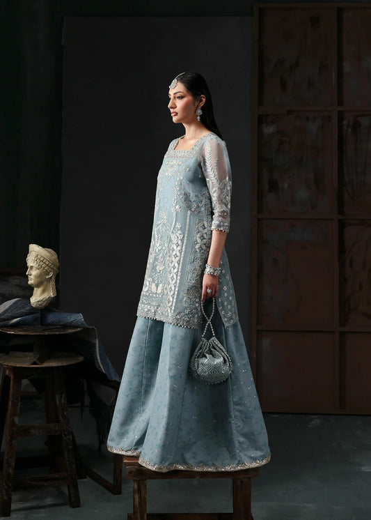 Chic ice blue organza dress with embroidered panels, dupatta & raw silk trouser. Available stitched/unstitch with custom sizing & worldwide delivery.