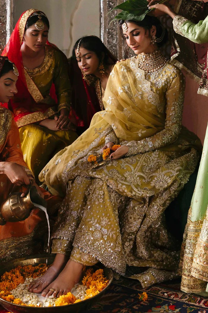 Stunning organza lehenga with embellished panels, blouse, sleeves, dupatta & borders, paired with raw silk inner—crafted for elegance and luxury.