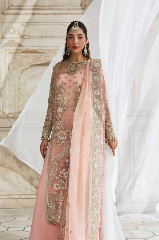 Elegant organza outfit with hand-embellished panels, embroidered sleeves, dupatta, and raw silk trouser. A perfect blend of grace and luxury.