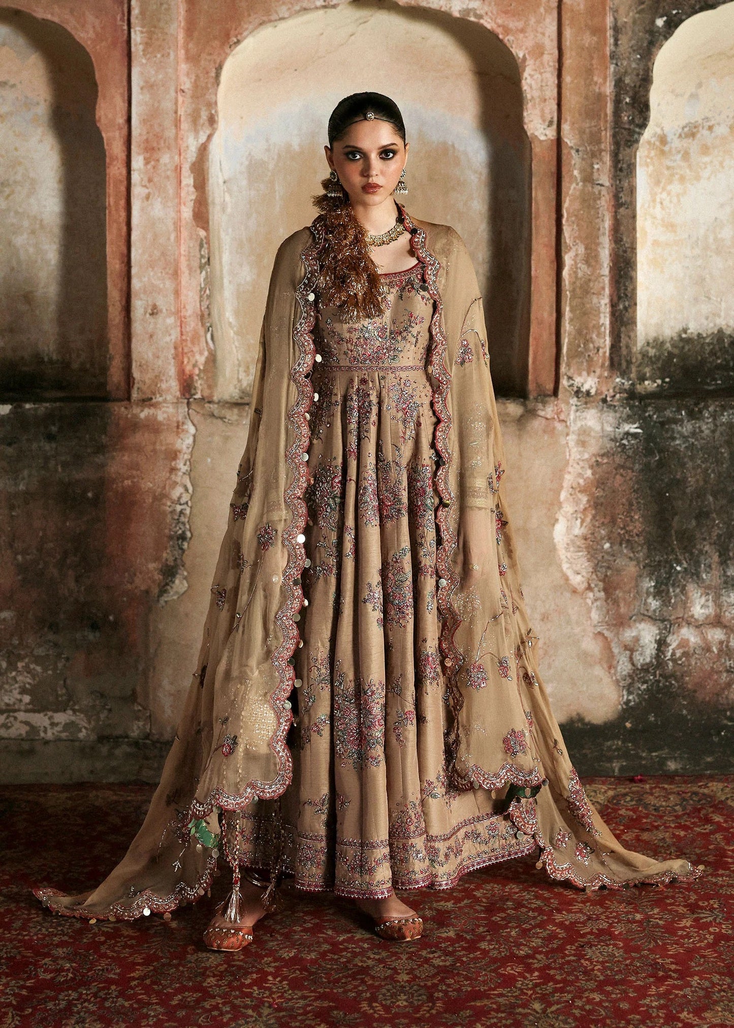 Graceful beige Korean raw silk pishwas with maroon churidar and chiffon dupatta. Elegant unstitched outfit perfect for weddings and festive wear.