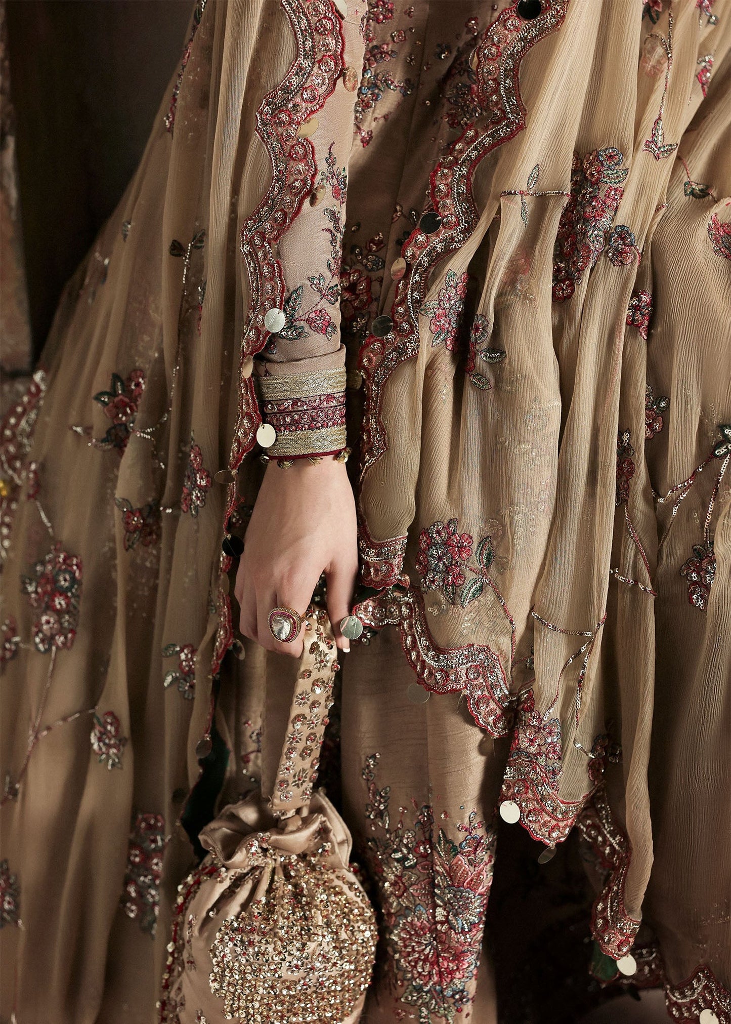 Graceful beige Korean raw silk pishwas with maroon churidar and chiffon dupatta. Elegant unstitched outfit perfect for weddings and festive wear.