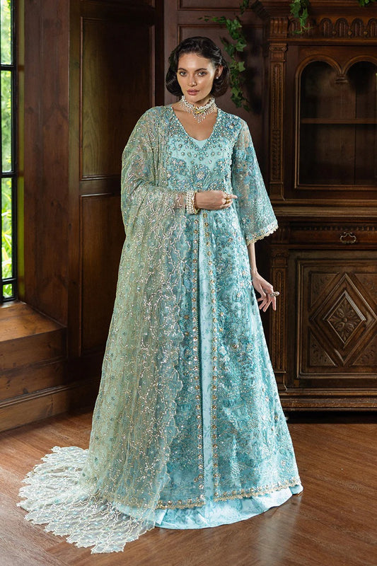 Elegant aqua blue dress with embroidered net shirt, sequined dupatta, printed lehenga, golden samosa lace, and delicate hand embellishments.