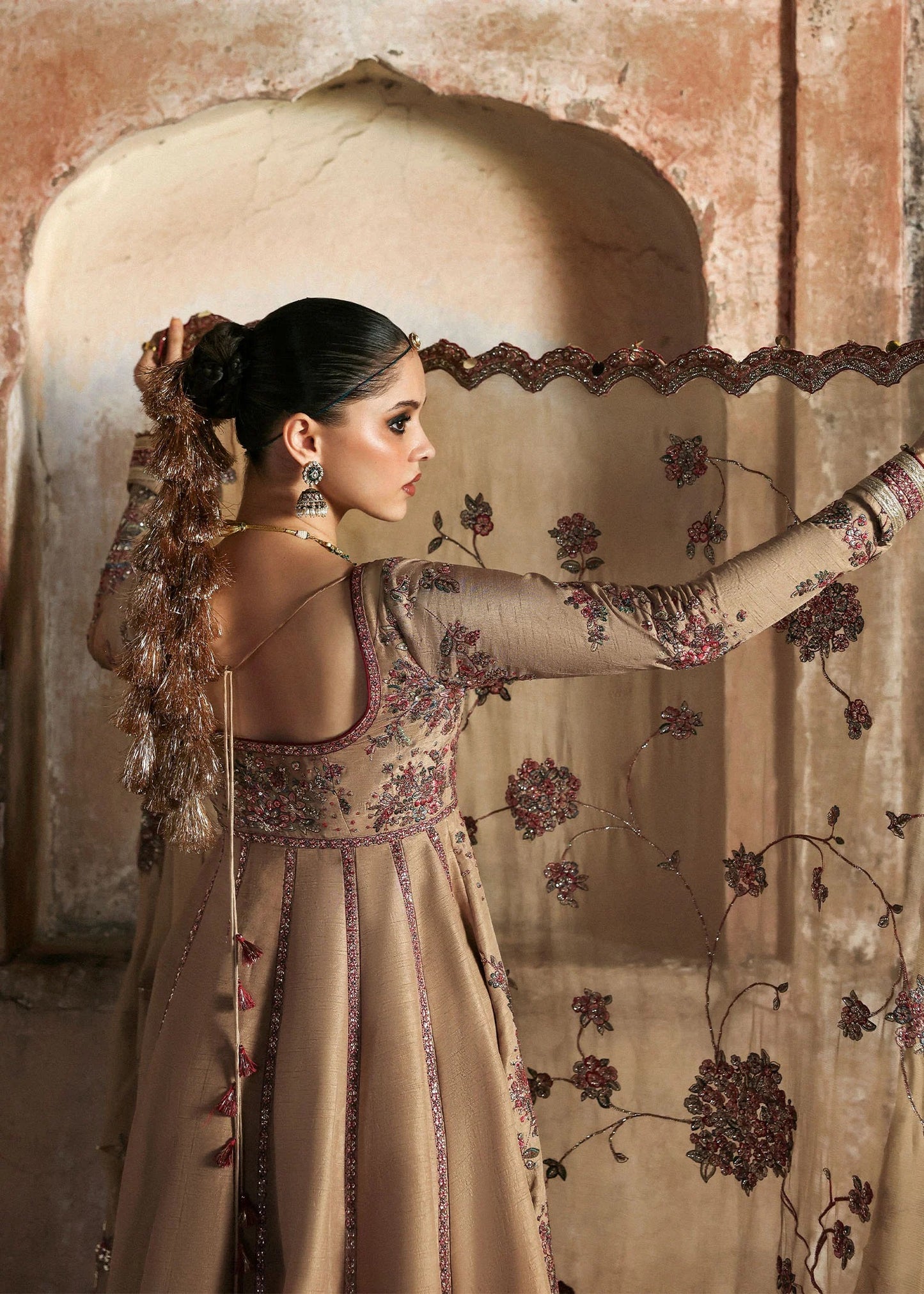 Graceful beige Korean raw silk pishwas with maroon churidar and chiffon dupatta. Elegant unstitched outfit perfect for weddings and festive wear.