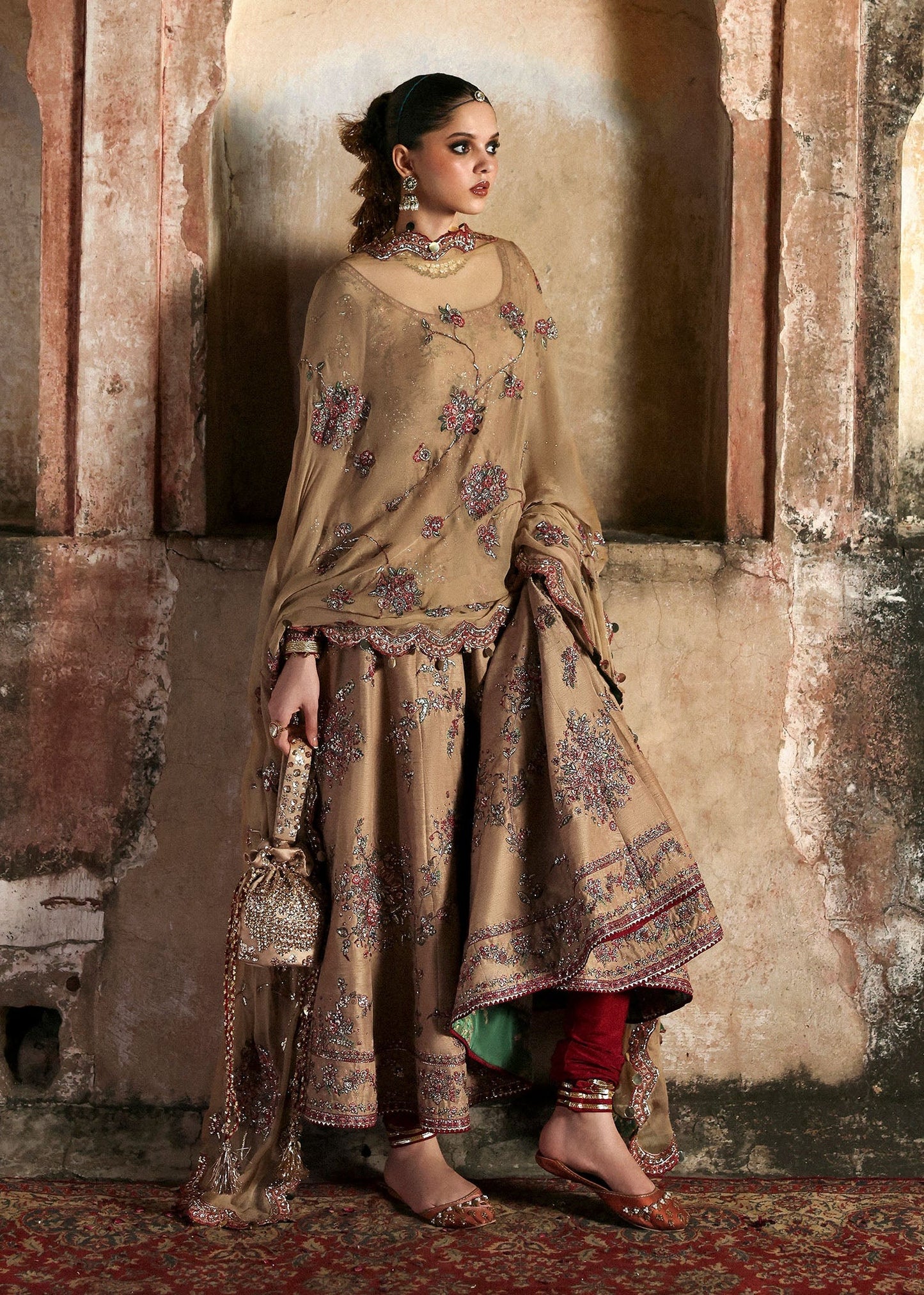 Graceful beige Korean raw silk pishwas with maroon churidar and chiffon dupatta. Elegant unstitched outfit perfect for weddings and festive wear.