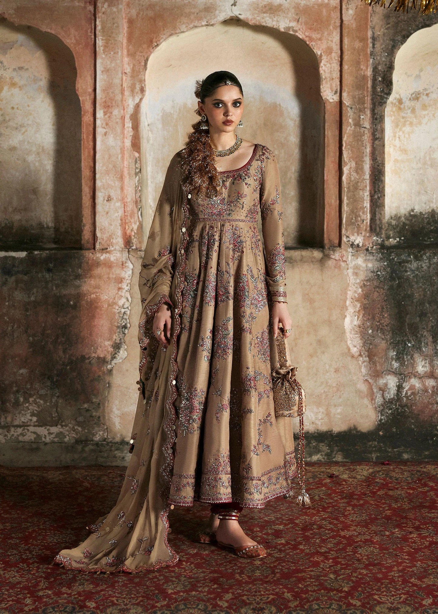 Graceful beige Korean raw silk pishwas with maroon churidar and chiffon dupatta. Elegant unstitched outfit perfect for weddings and festive wear.