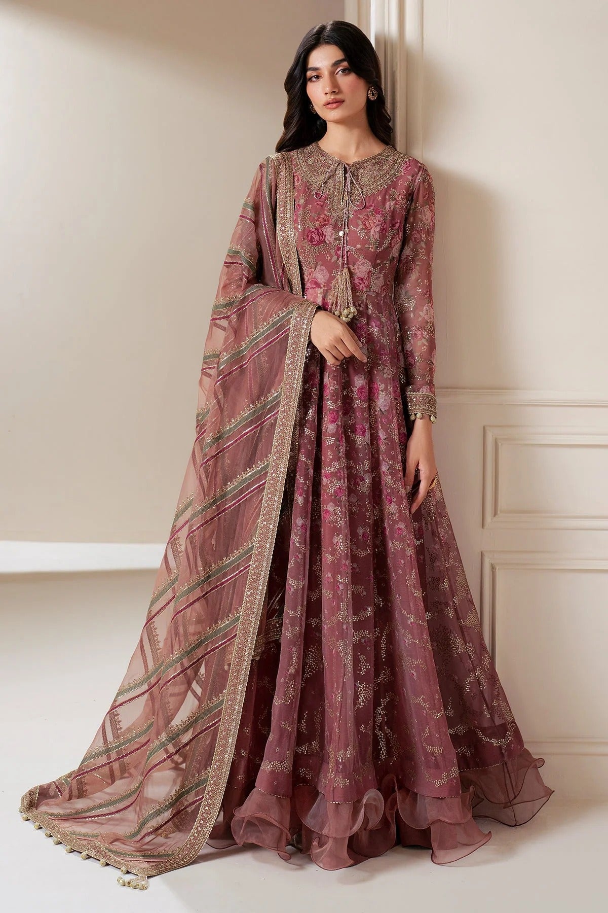 UC-3064 features embroidered chiffon panels and yoke, organza dupatta, and rawsilk bottom—perfect for graceful, high-end festive and formal occasions.