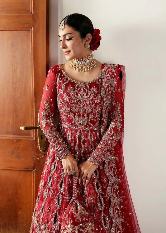 Regal crimson lehenga with hand-embellished panels, ornate borders, embroidered dupatta, and net body—perfect for festive and wedding elegance.