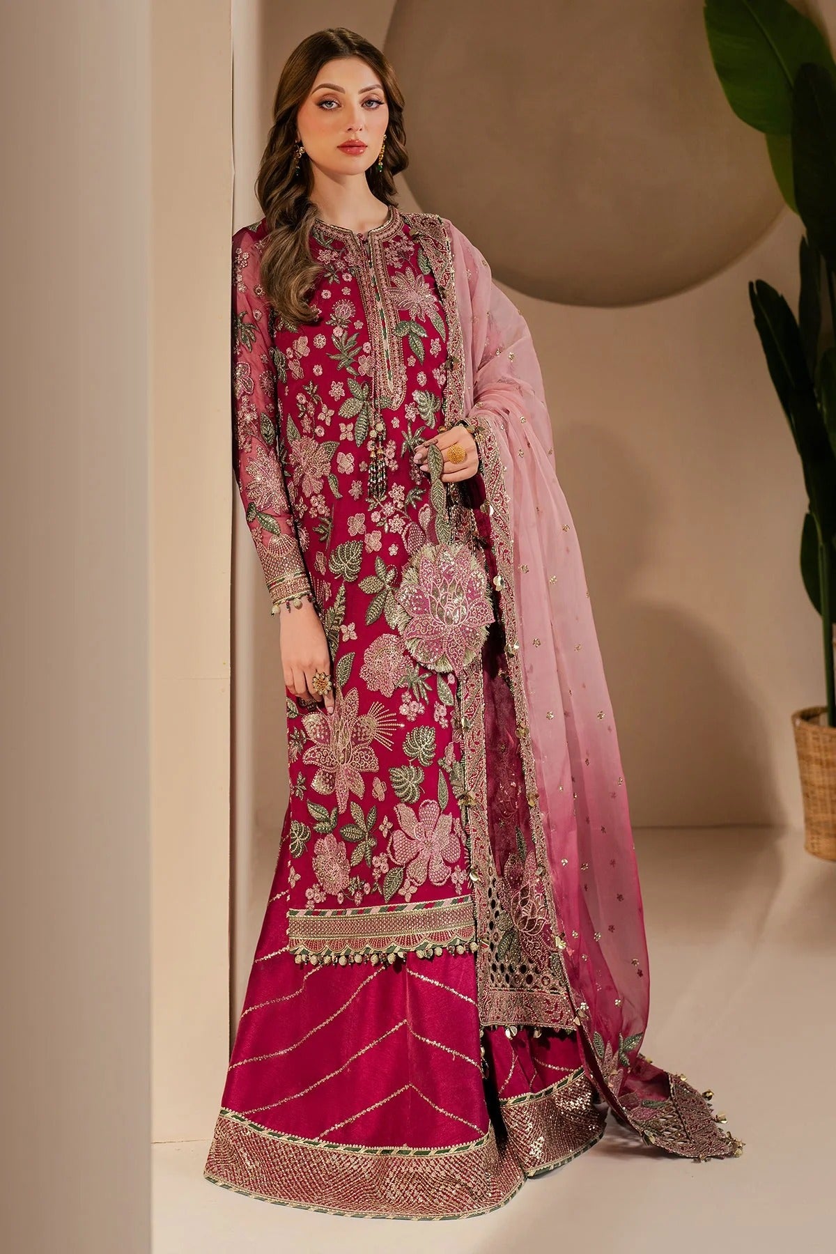 WF'25-03 features embroidered chiffon, organza dupatta, and raw silk bottom with elegant borders—crafted for luxurious style at formal occasions.