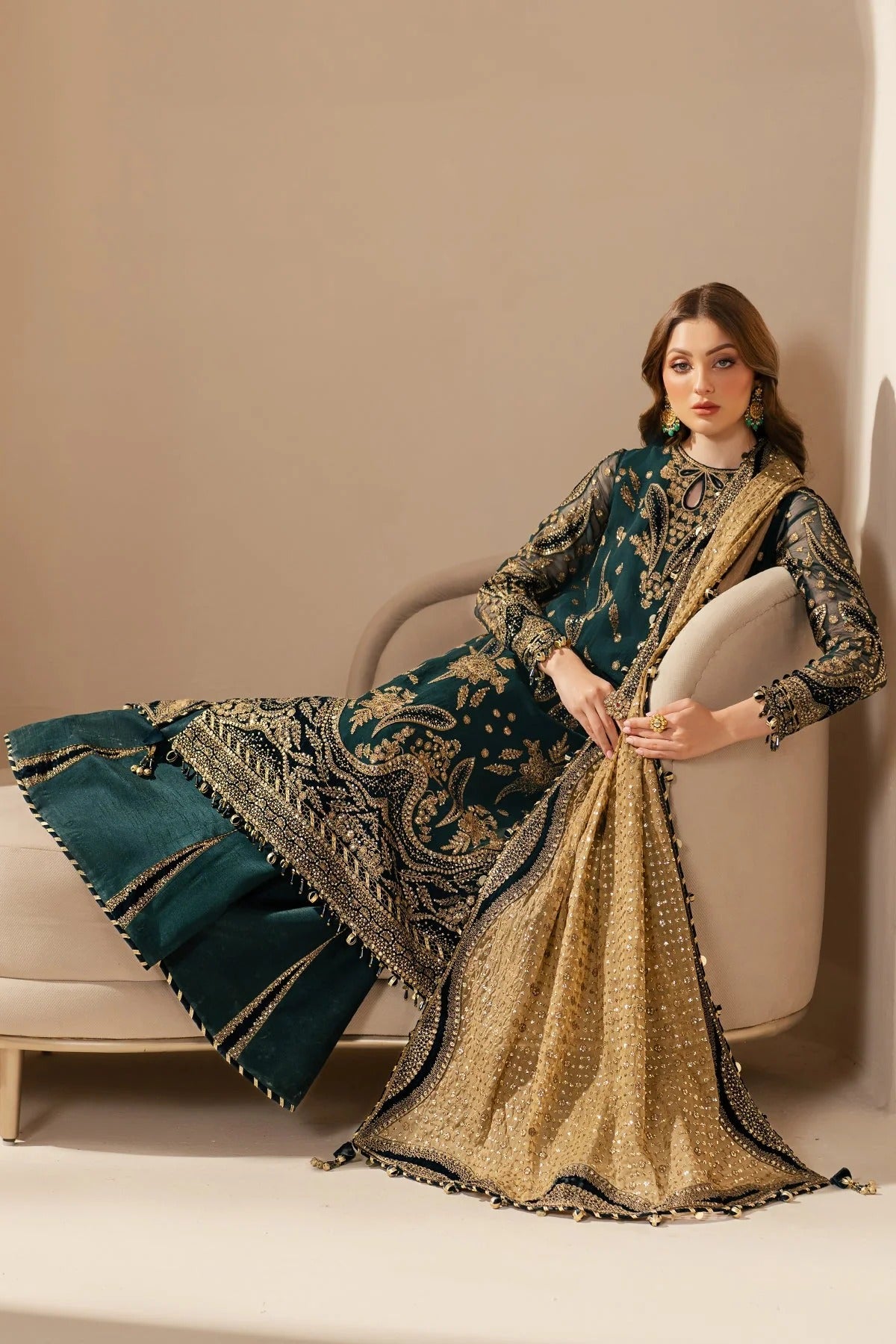 WF'25-06 blends chiffon embroidery with velvet appliqué on front, back, and sleeves—paired with organza dupatta and rawsilk bottom for a luxe finish.