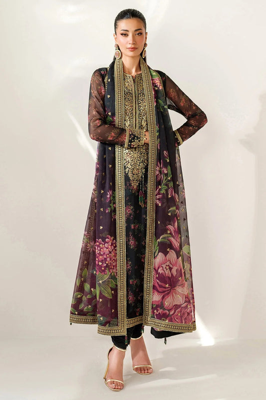 Digitally printed chiffon suit with intricate embroidery, bordered dupatta, and raw silk bottom—perfect for a graceful, formal, and timeless look.